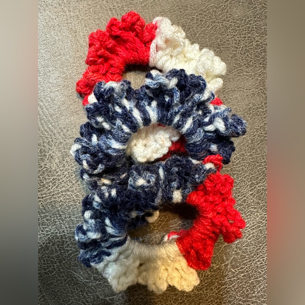 Patriotic scrunchie bundle. Hand made crocheted with strong elastic band.